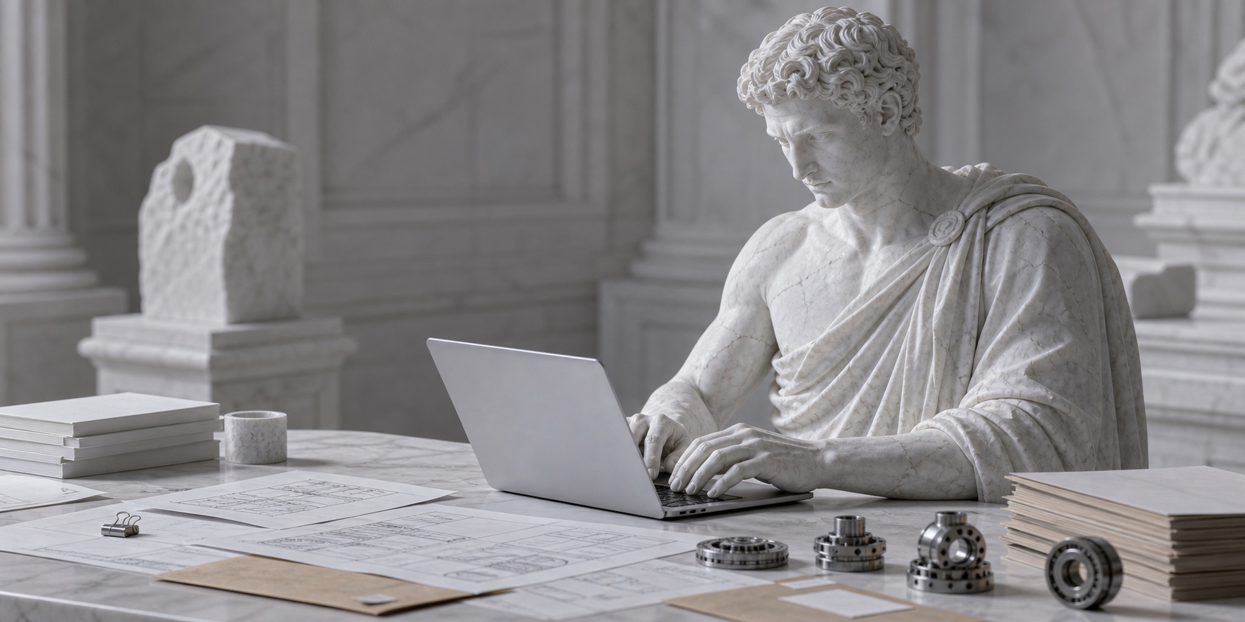 A marble figure working at a laptop with patent documents