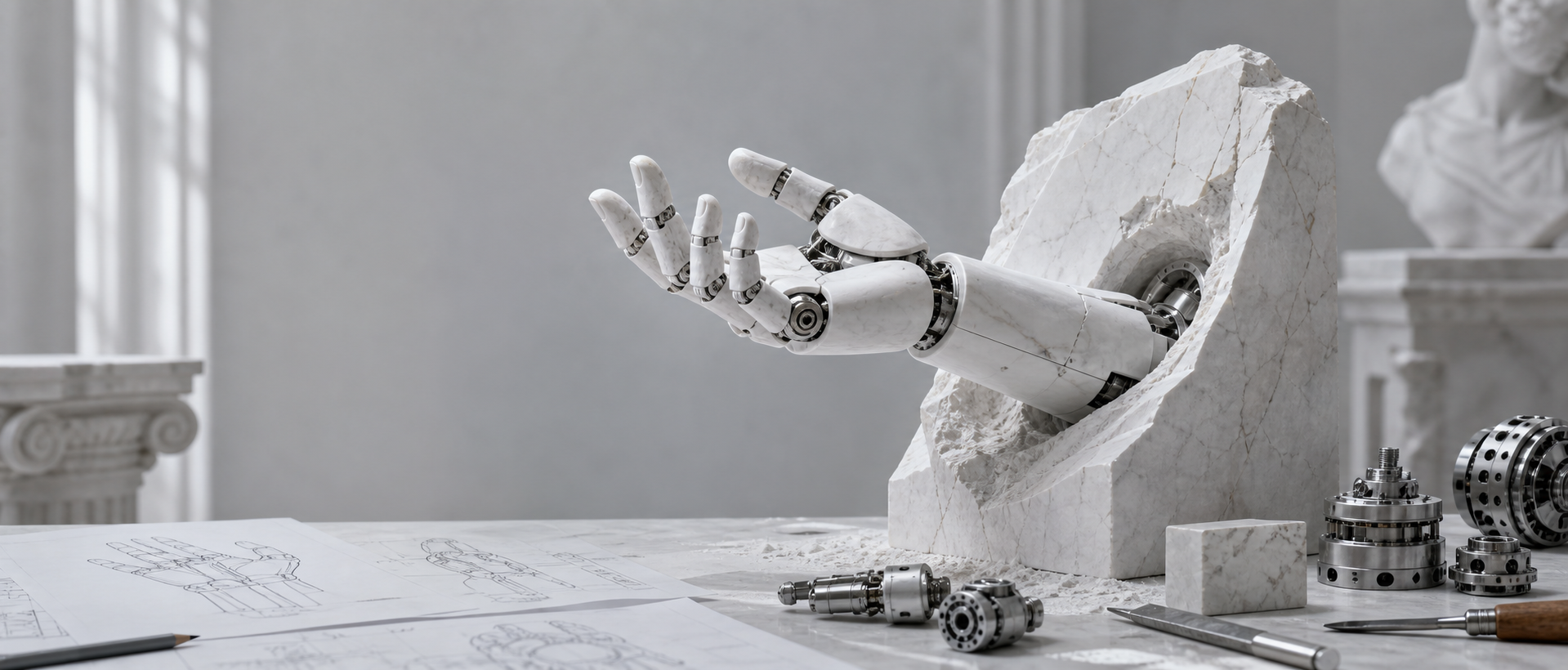 A robotic hand in a classical marble studio with patent drawings